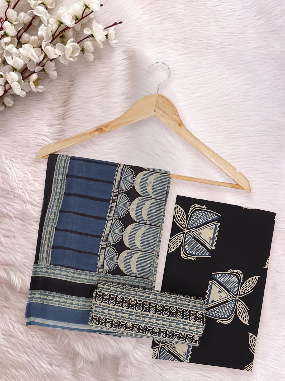 Women Pure Cotton Printed Dress Material Blue with Black DM349 - Image 3