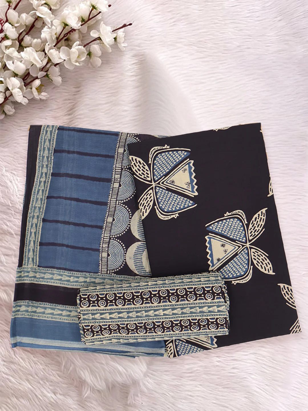 Women Pure Cotton Printed Dress Material Blue with Black DM349 - Image 4