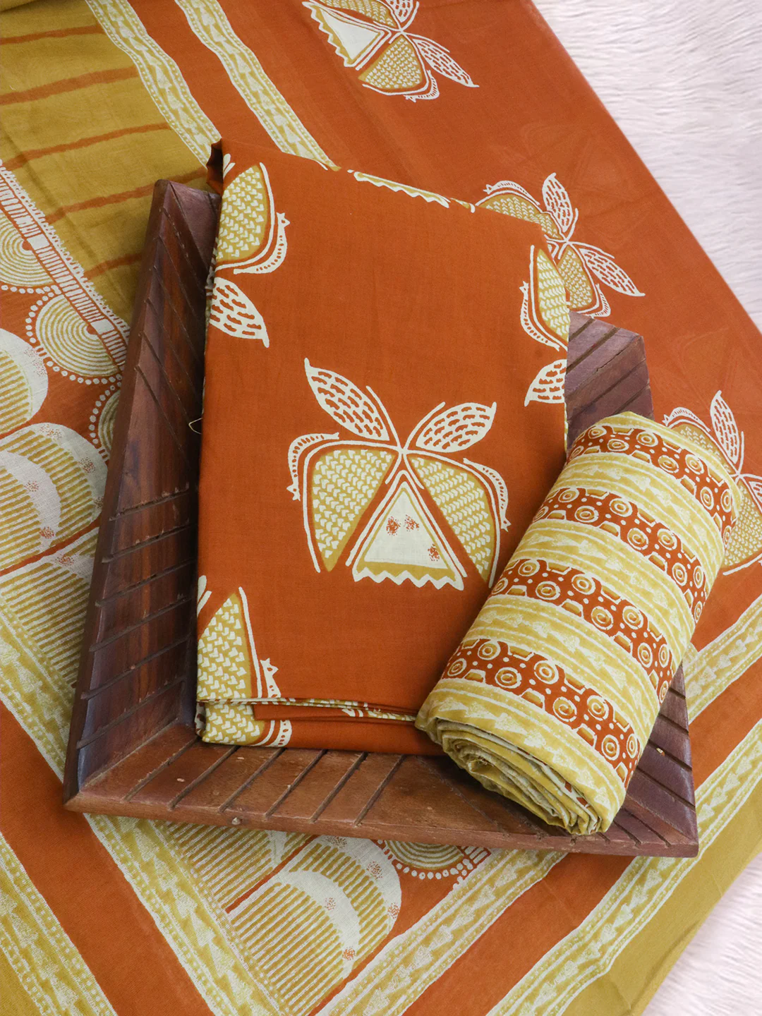 Women Pure Cotton Printed Dress Material Mustard with Rust DM344 - Image 2