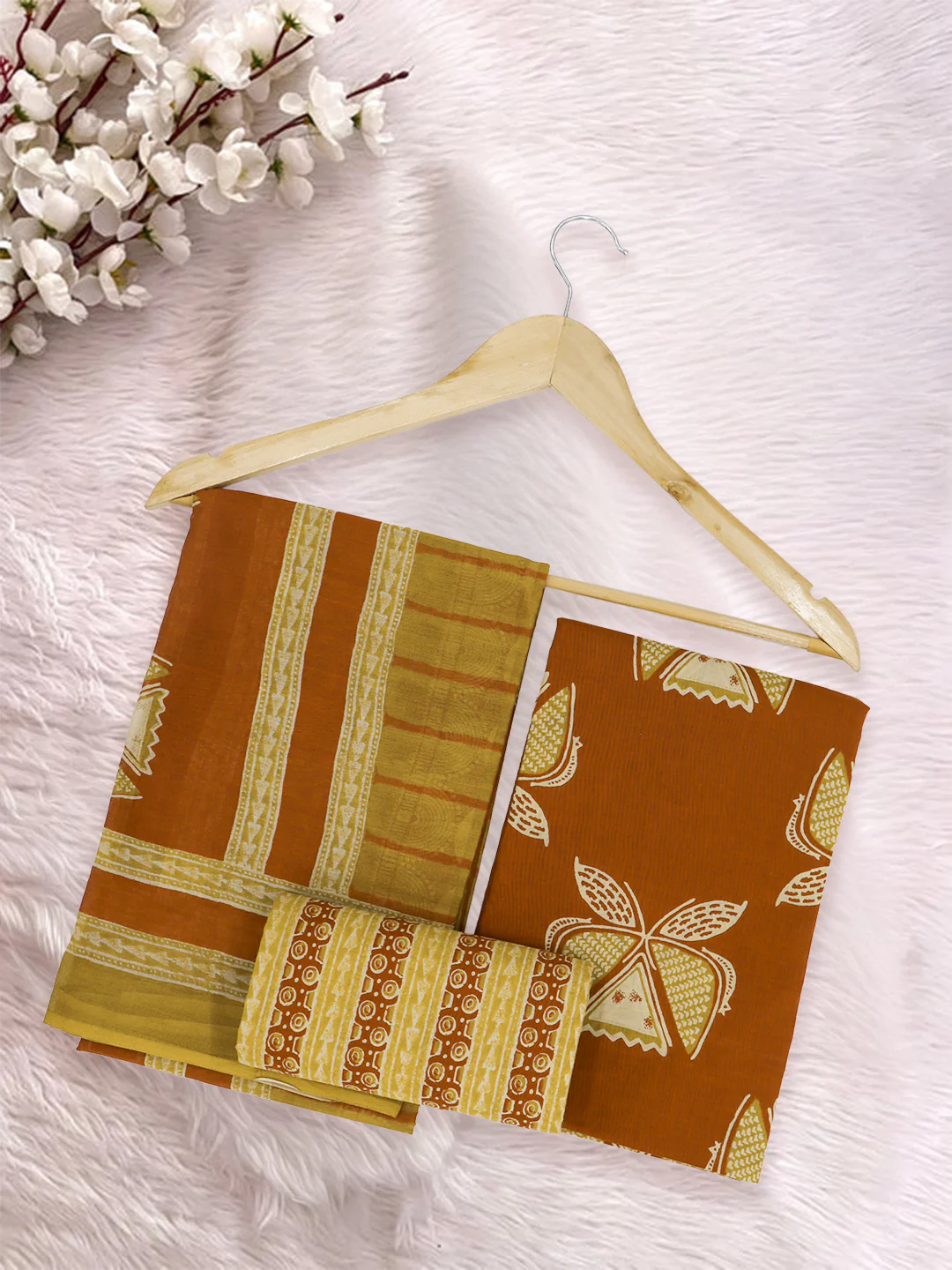 Women Pure Cotton Printed Dress Material Mustard with Rust DM344 - Image 3