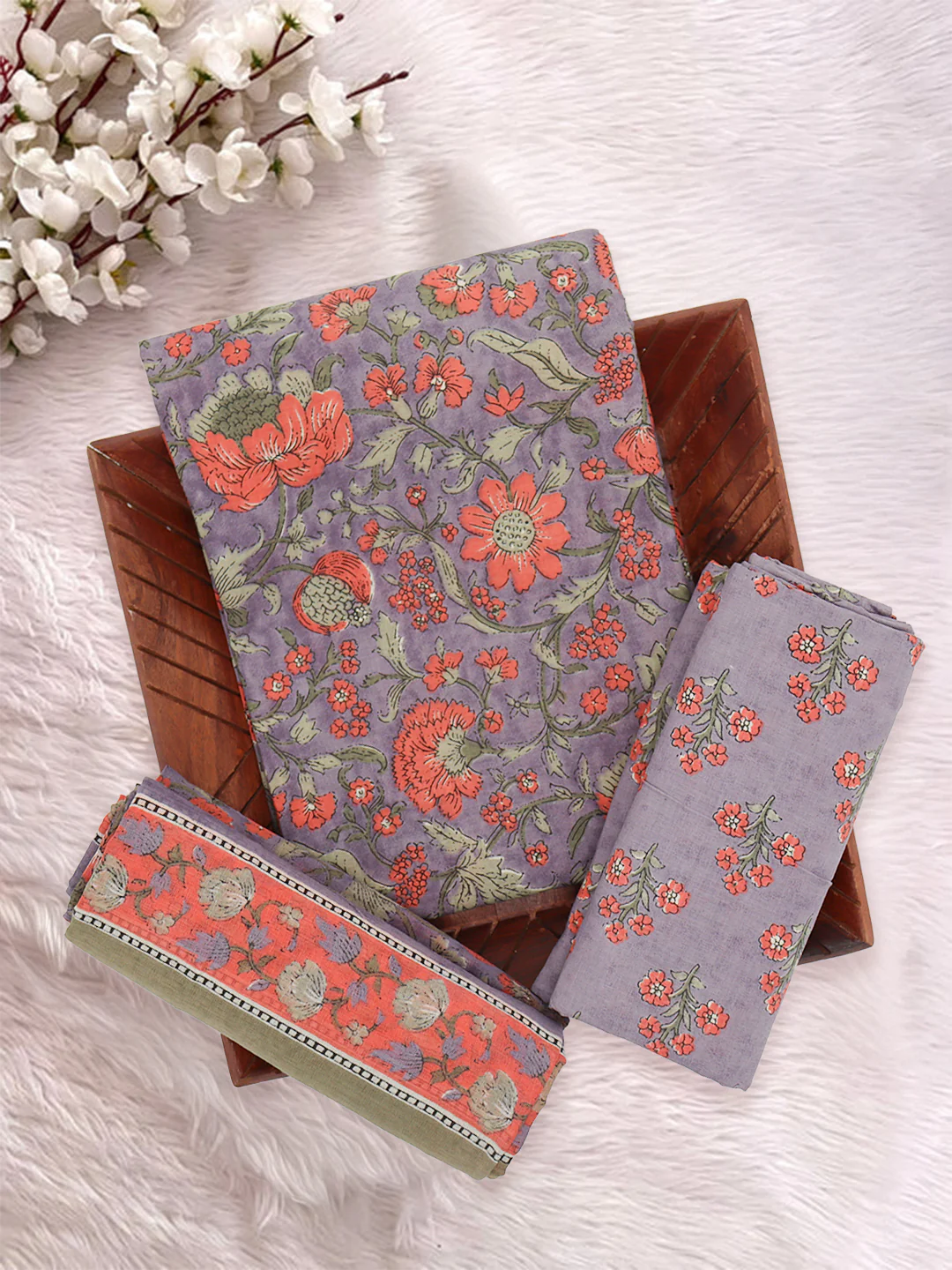 Women Pure Cotton Printed Dress Material Violet with Orange DM341 - Image 2
