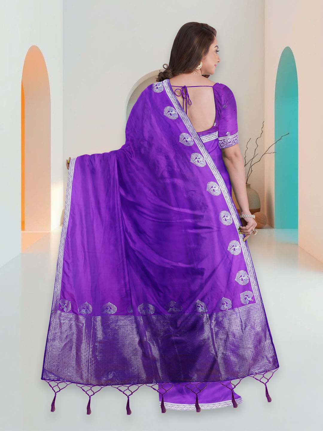 Women Purple Art Silk Printed Saree ASS91 - Image 4