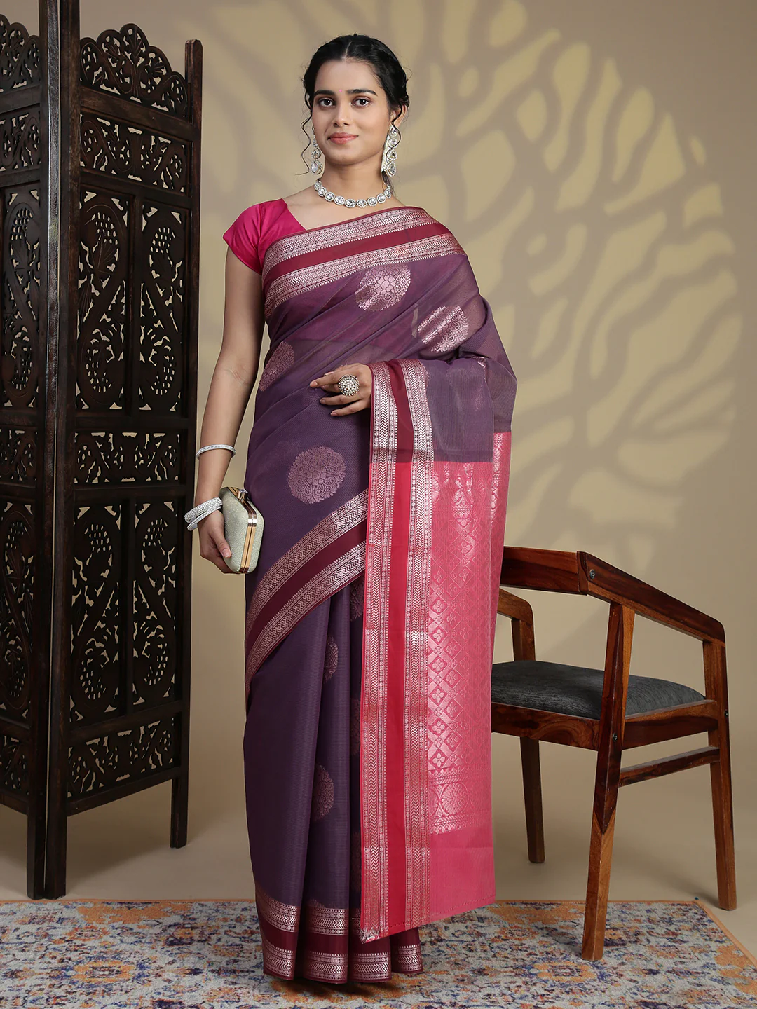 Women Purple Kora Cotton Fancy Saree SK108 - Image 2