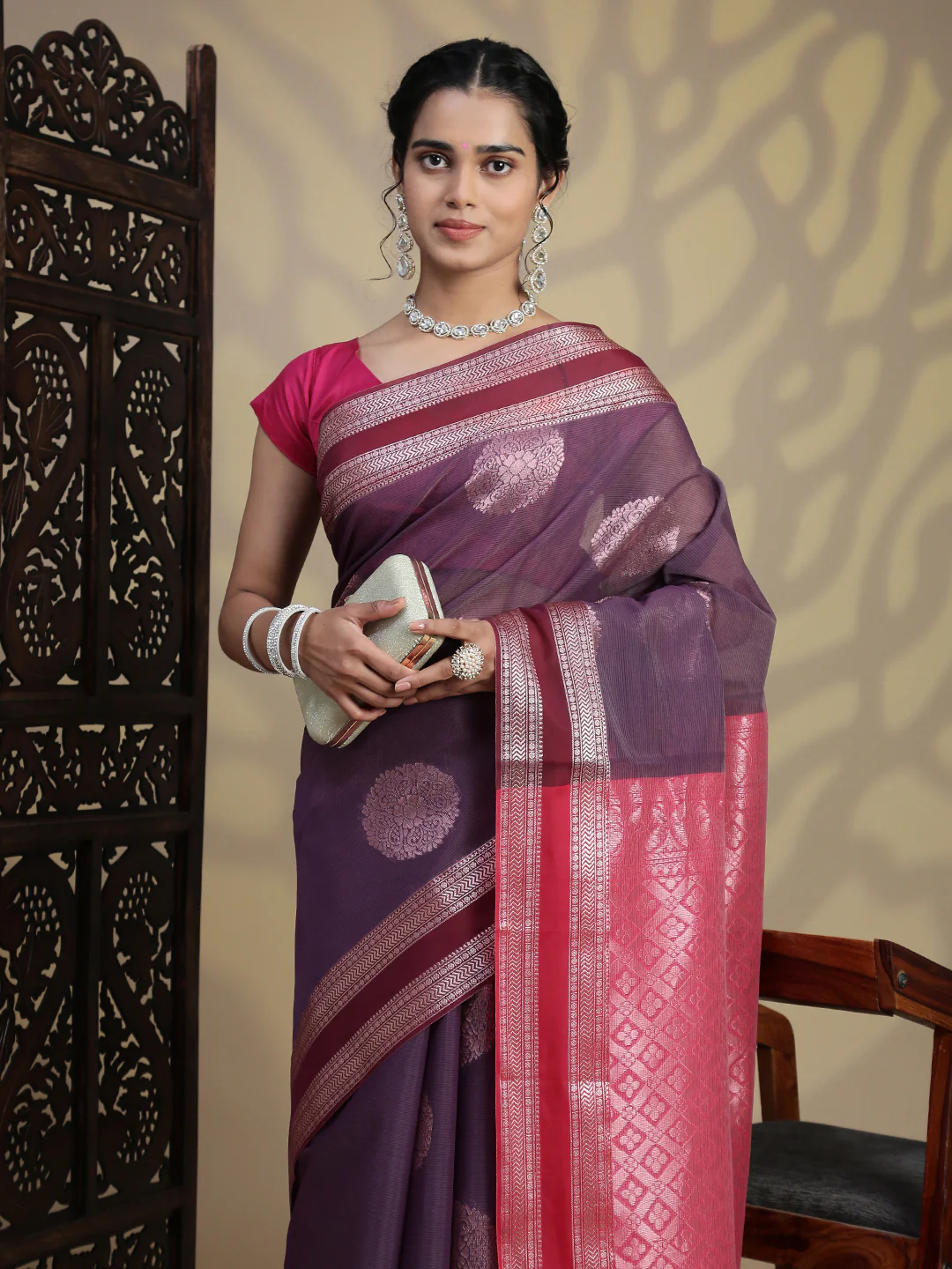 Women Purple Kora Cotton Fancy Saree SK108 - Image 3