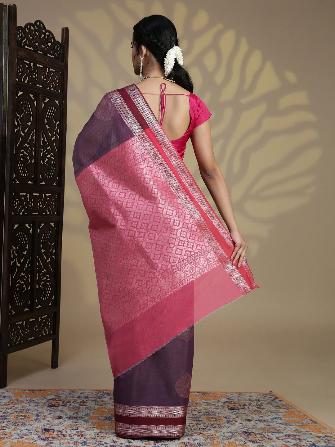 Women Purple Kora Cotton Fancy Saree SK108 - Image 4