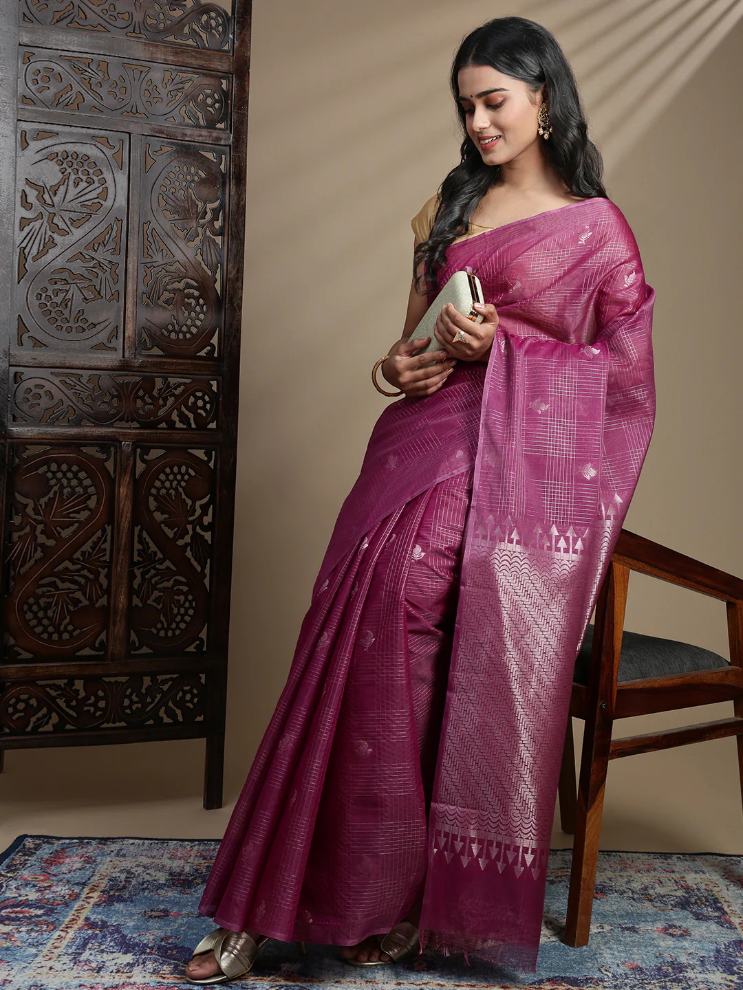 Women Purple Semi Kora Cotton Saree SK125 - Image 2