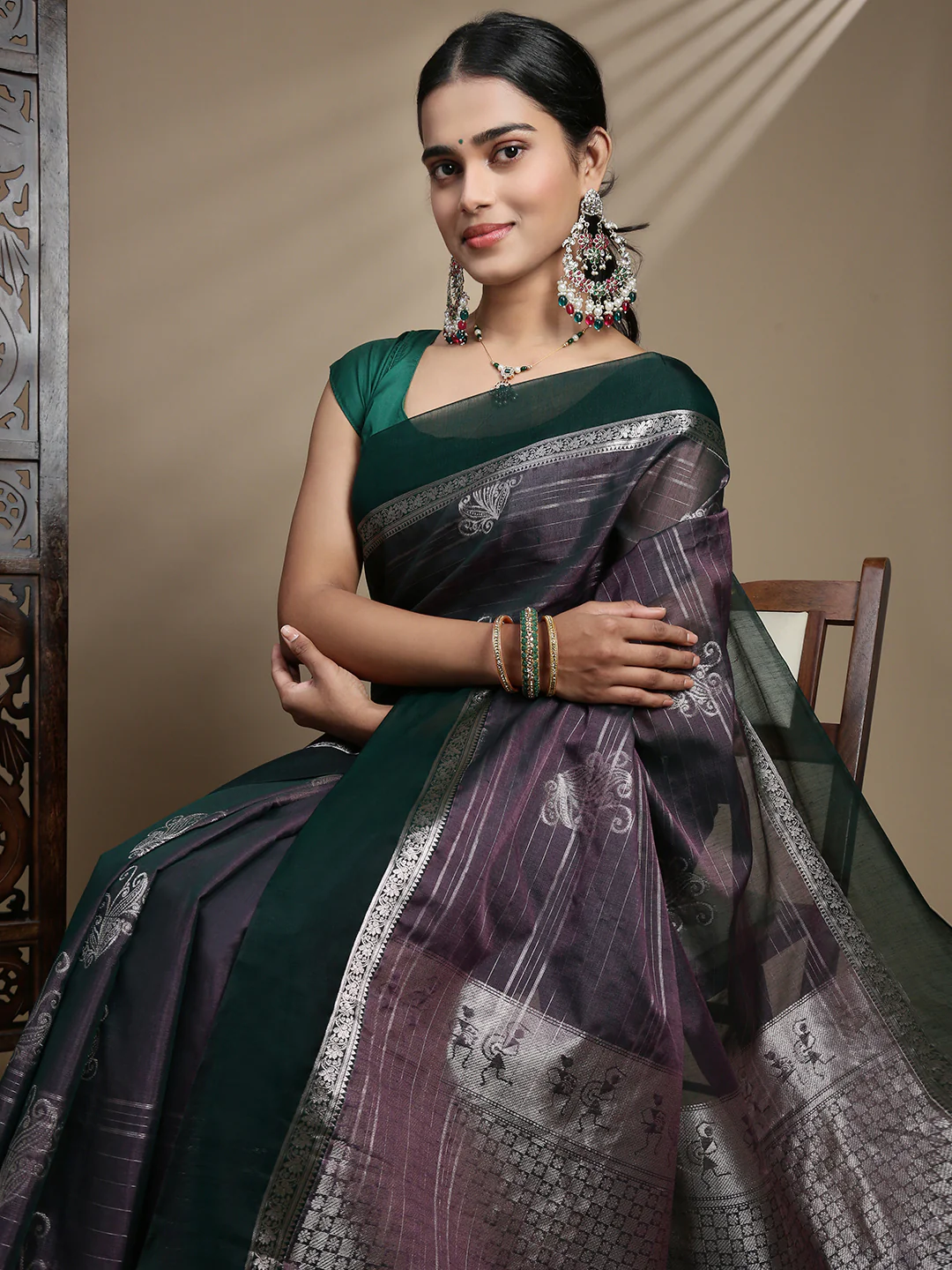 Women Purple Semi Kora Cotton Saree SK131 - Image 5