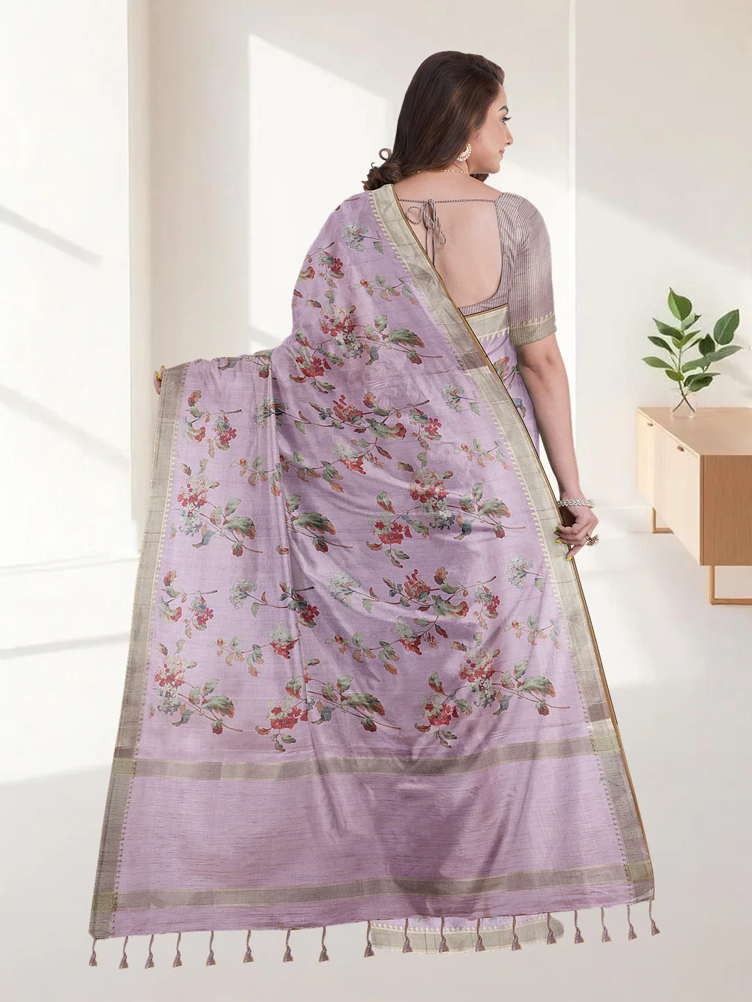 Women Light Purple Semi Raw Silk Printed Saree SRS105 - Image 3