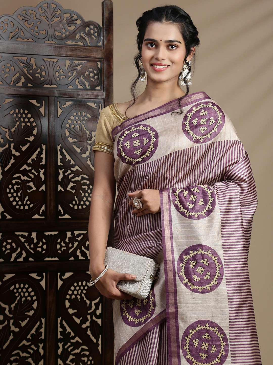 Women Purple with Brown Semi Raw Silk Embroidered Saree SRS114 - Image 3