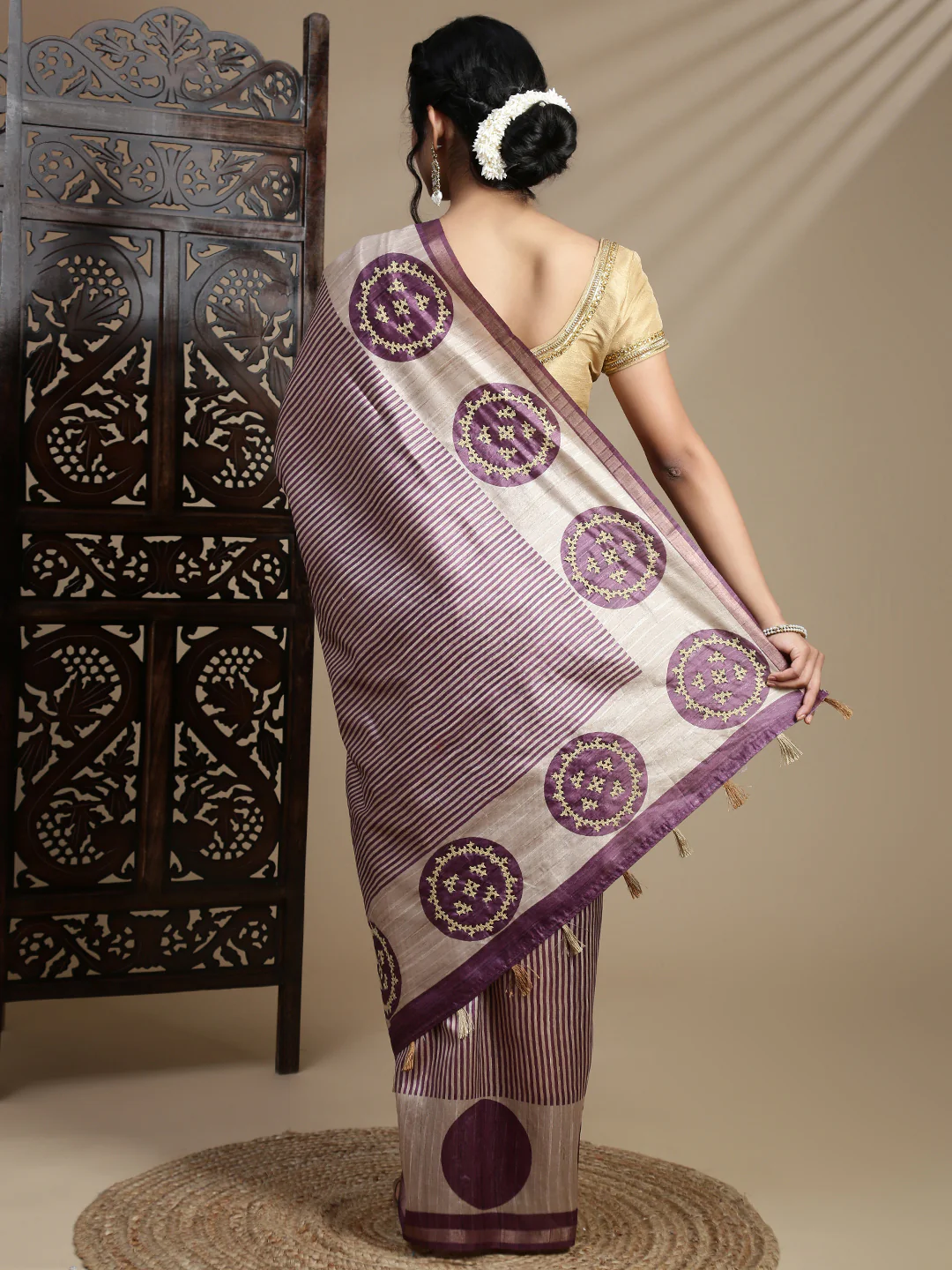 Women Purple with Brown Semi Raw Silk Embroidered Saree SRS114 - Image 4