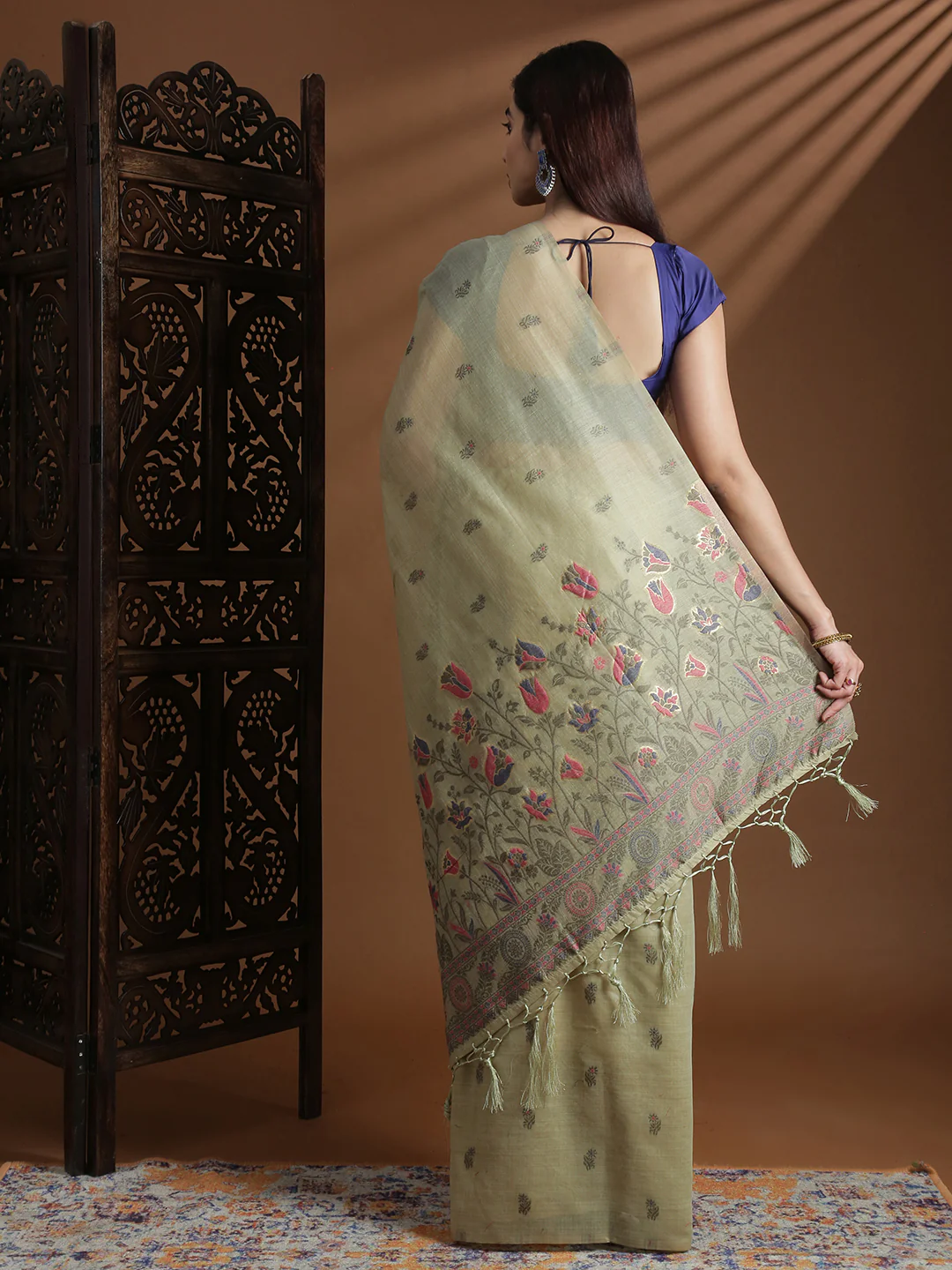 Women Sage Green Cotton Weaving Saree PCS255 - Image 3