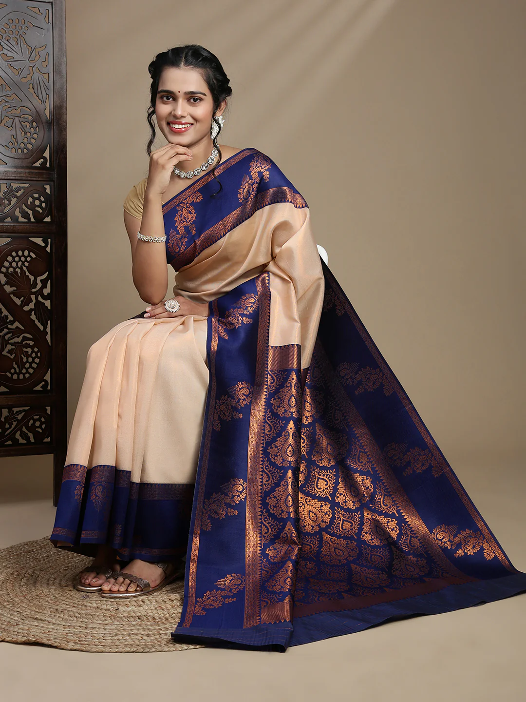 Women Sandal Tissue Saree with Navy Border TS60 - Image 2