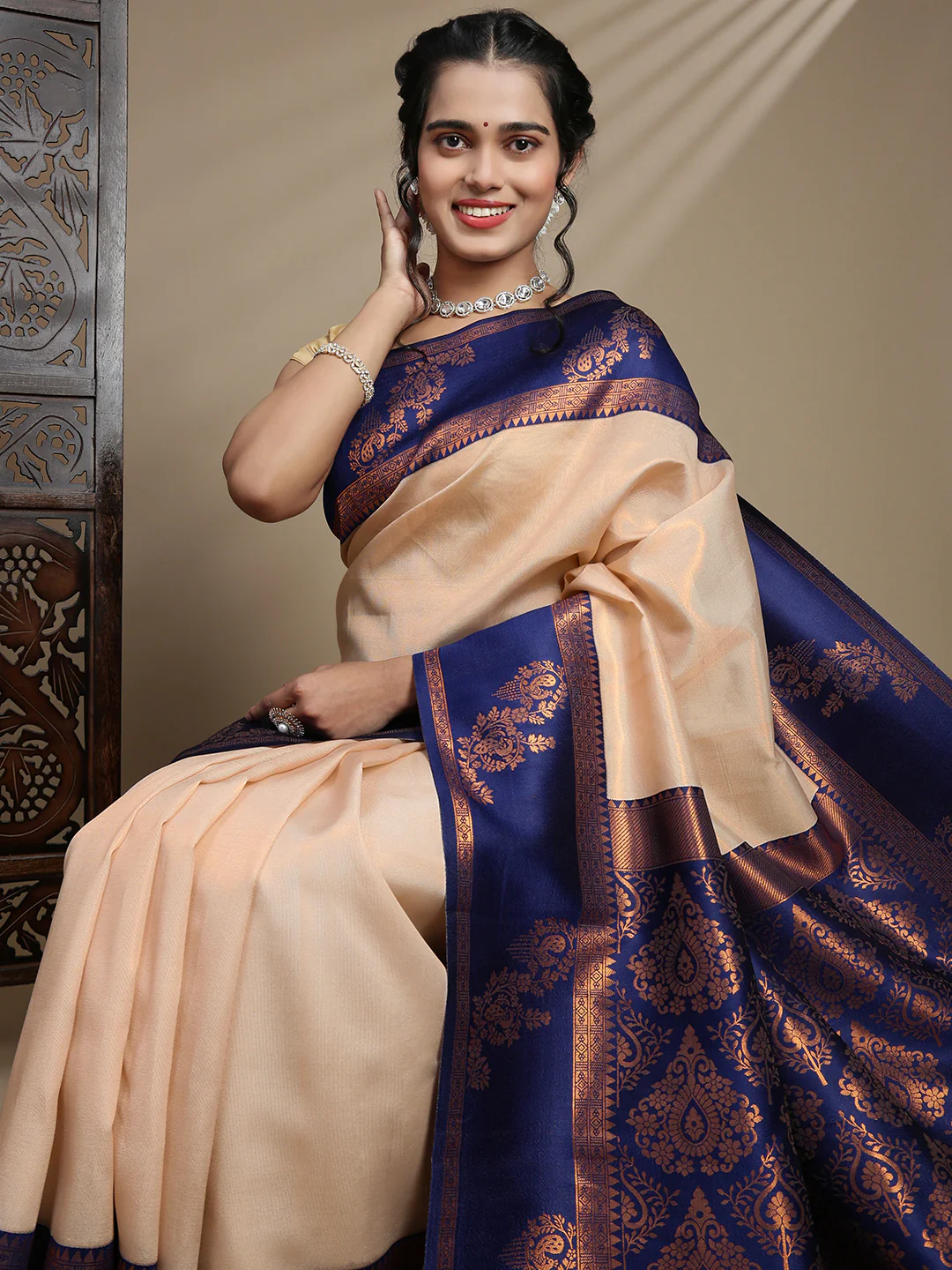 Women Sandal Tissue Saree with Navy Border TS60 - Image 5