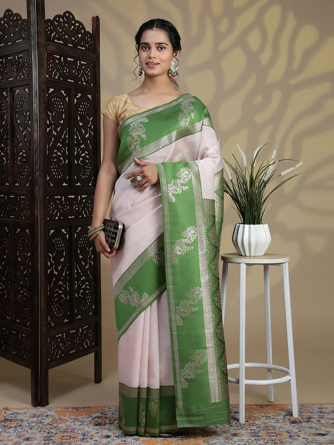 Women Sandal Tissue Saree with Green Border TS64 - Image 3