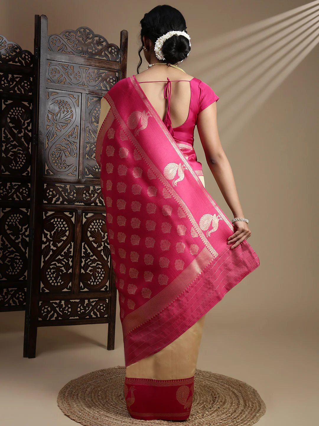 Women Sandal with Pink Border Soft Silk Saree SS390 - Image 4