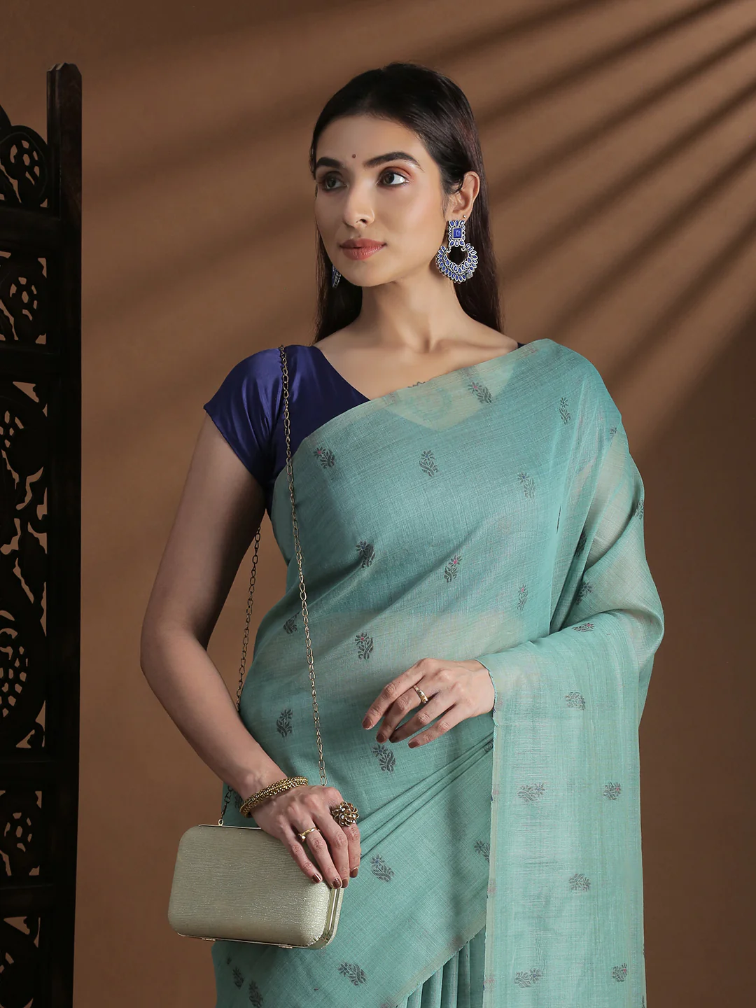 Women Sea Green Cotton Weaving Saree PCS256 - Image 2