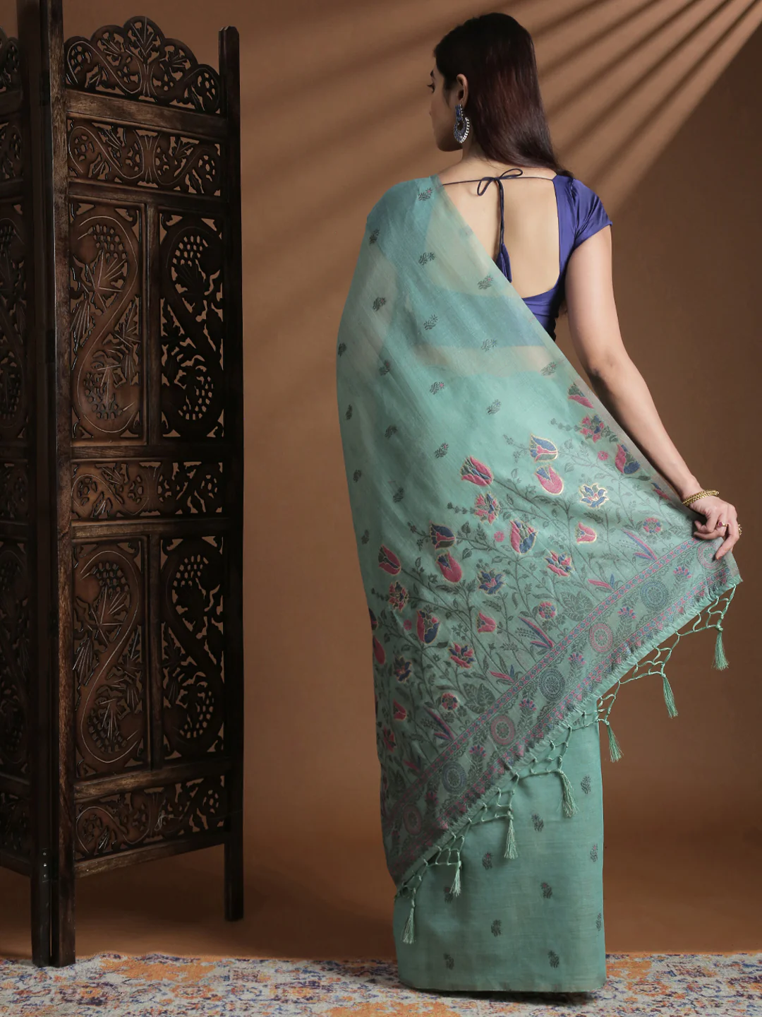 Women Sea Green Cotton Weaving Saree PCS256 - Image 3