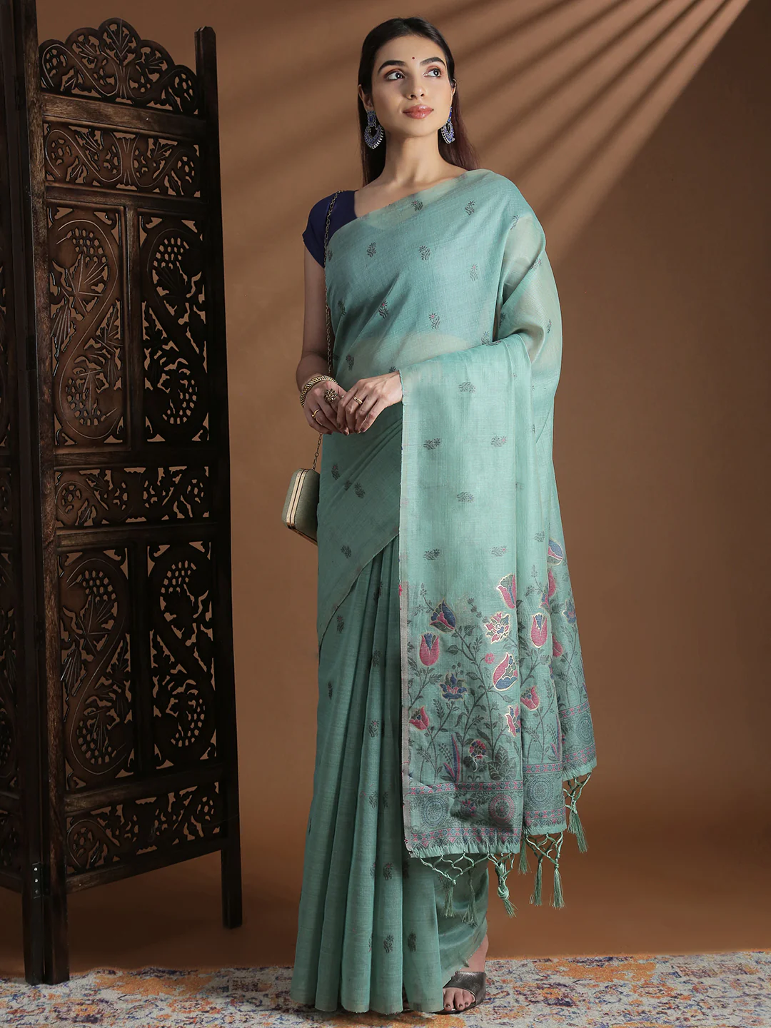 Women Sea Green Cotton Weaving Saree PCS256 - Image 4