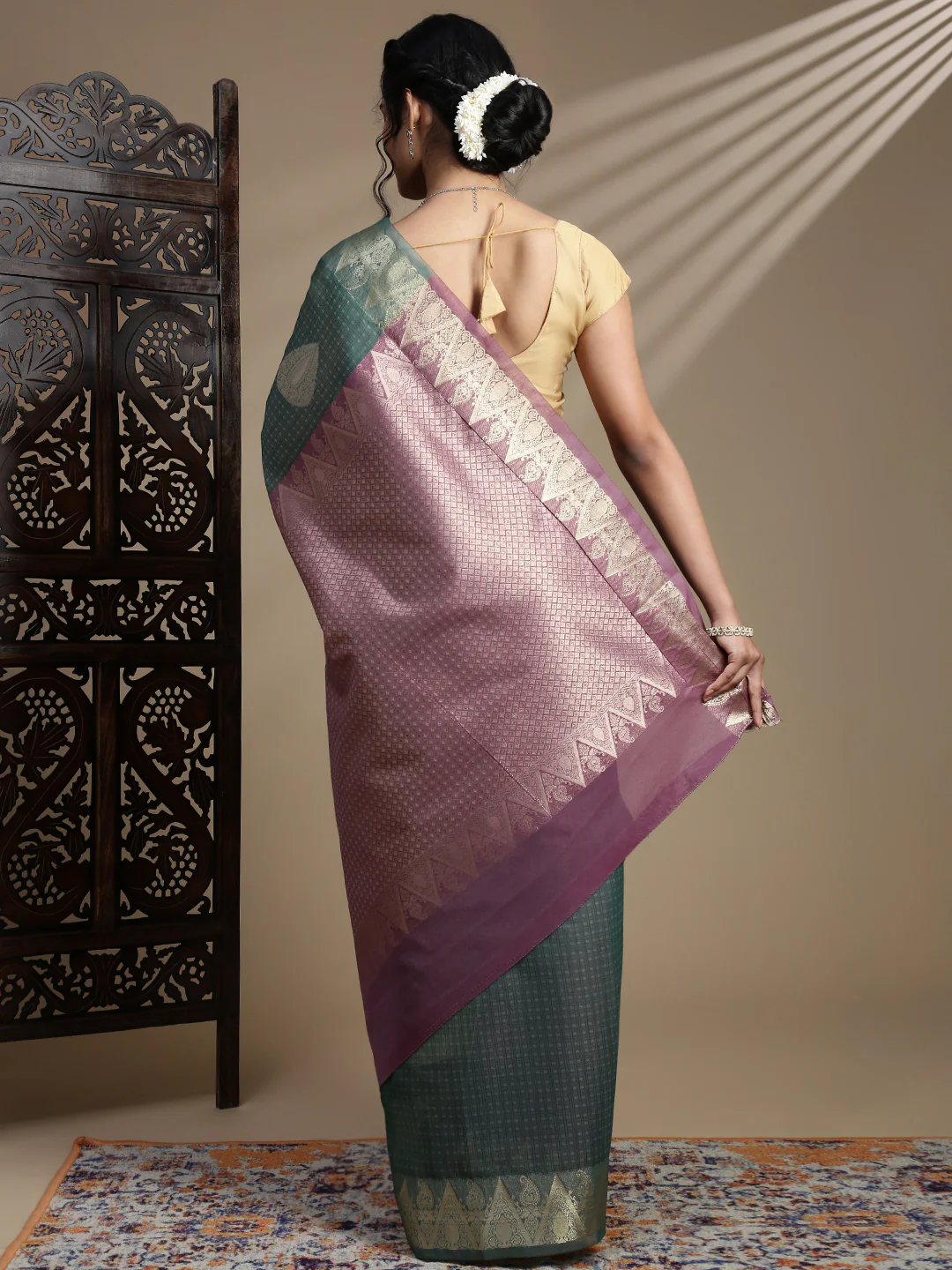 Women Semi Kora Cotton Dark Green Saree SK122 - Image 3