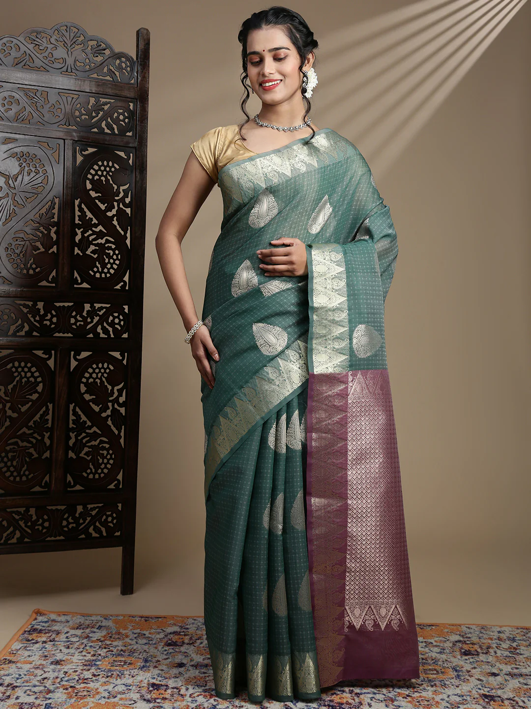 Women Semi Kora Cotton Dark Green Saree SK122 - Image 7