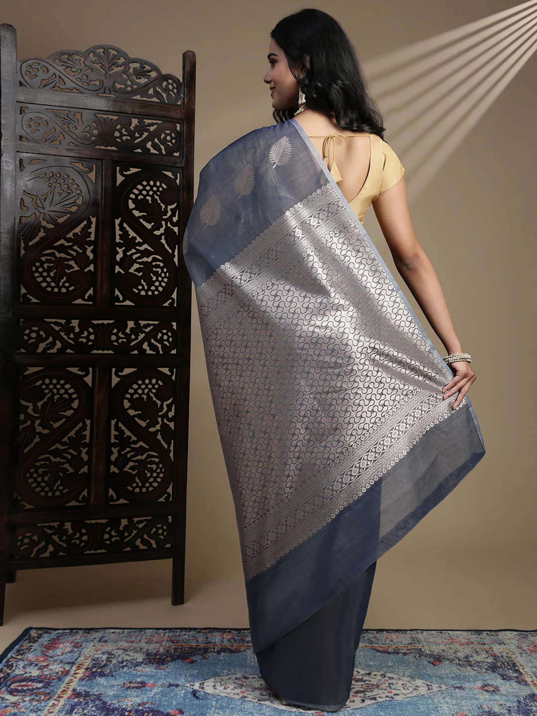 Women Semi Kora Cotton Dark Greyish Blue Saree SK123 - Image 3