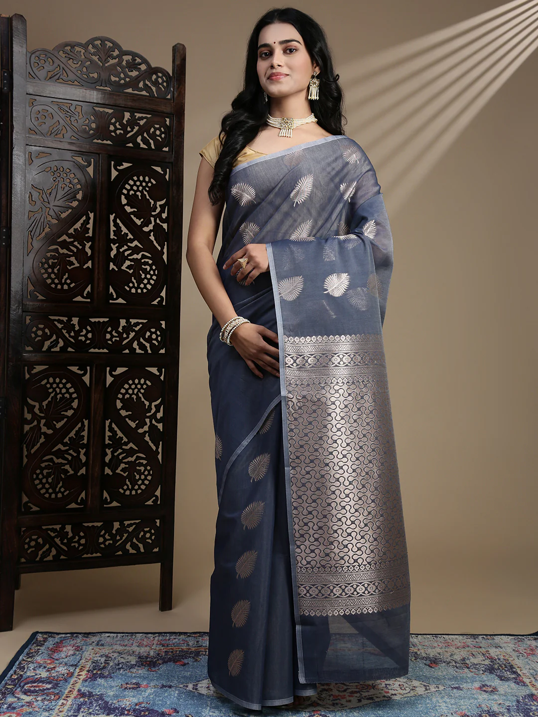 Women Semi Kora Cotton Dark Greyish Blue Saree SK123 - Image 7