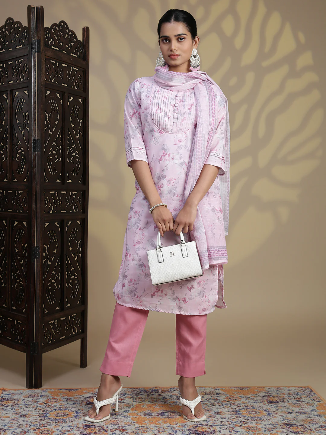 Women Semi Linen Printed Kurti Set Light Pink EKS93 - Image 2