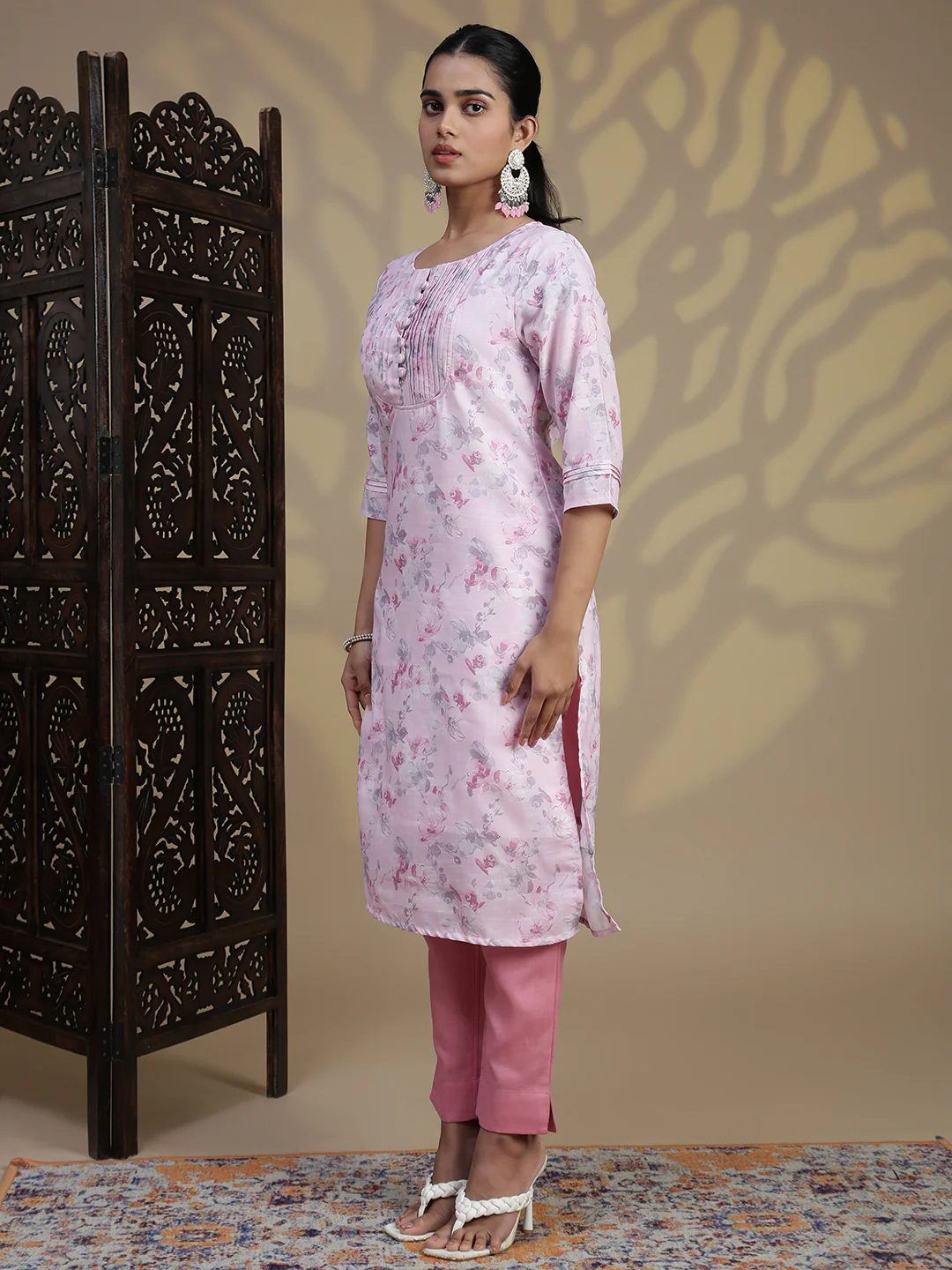 Women Semi Linen Printed Kurti Set Light Pink EKS93 - Image 3