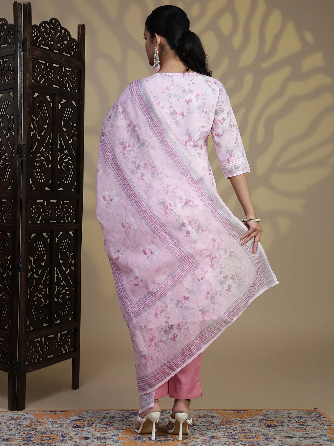 Women Semi Linen Printed Kurti Set Light Pink EKS93 - Image 4