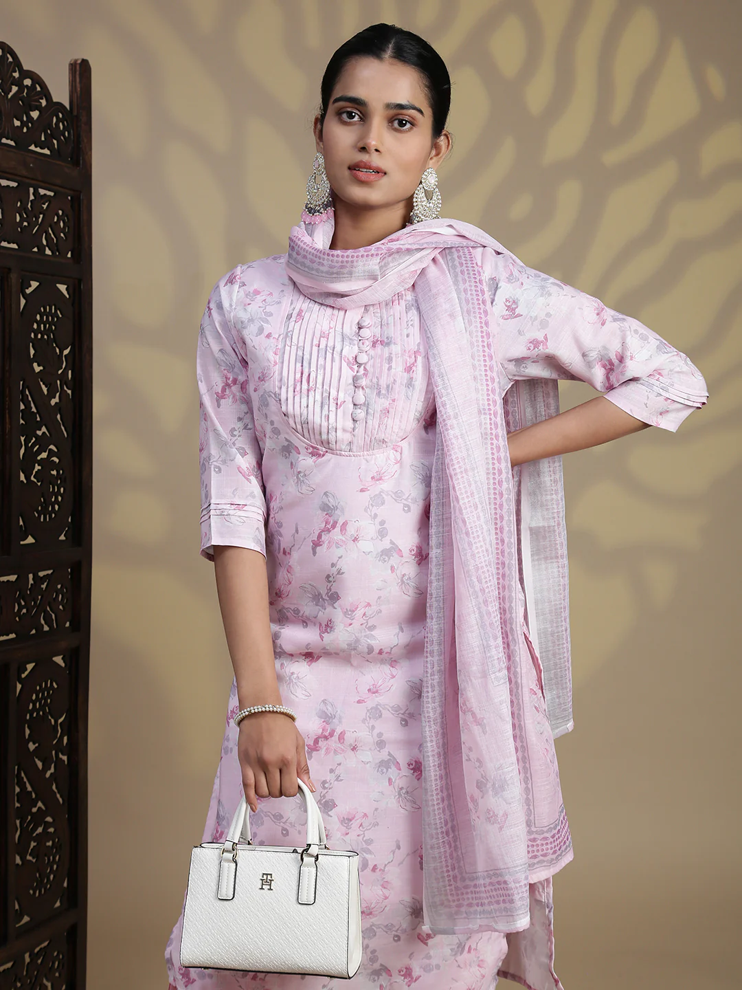 Women Semi Linen Printed Kurti Set Light Pink EKS93 - Image 5