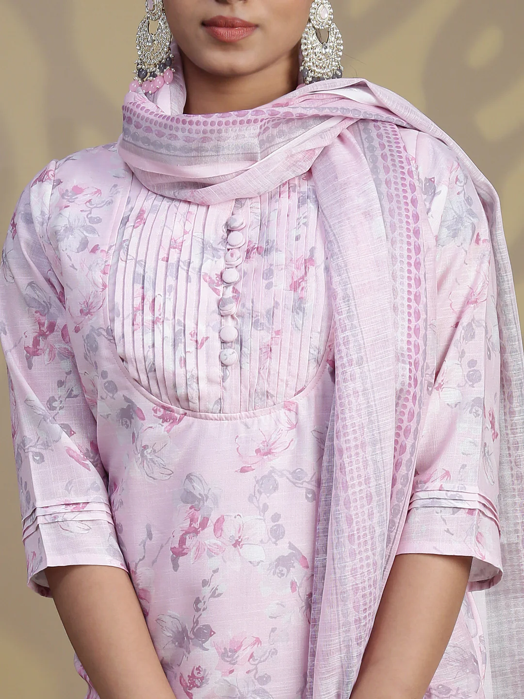 Women Semi Linen Printed Kurti Set Light Pink EKS93 - Image 6