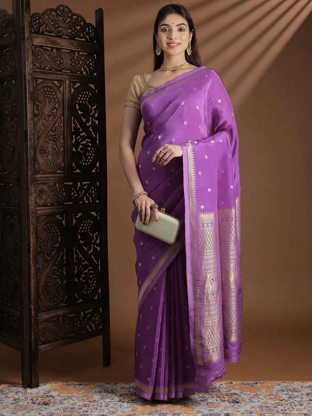 Women Semi Mysore Silk Saree Dark Lavender SS401 - Image 4