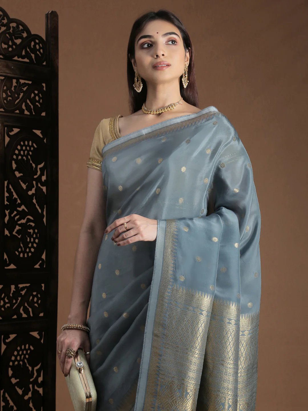Women Semi Mysore Silk Saree Grey SS402 - Image 2