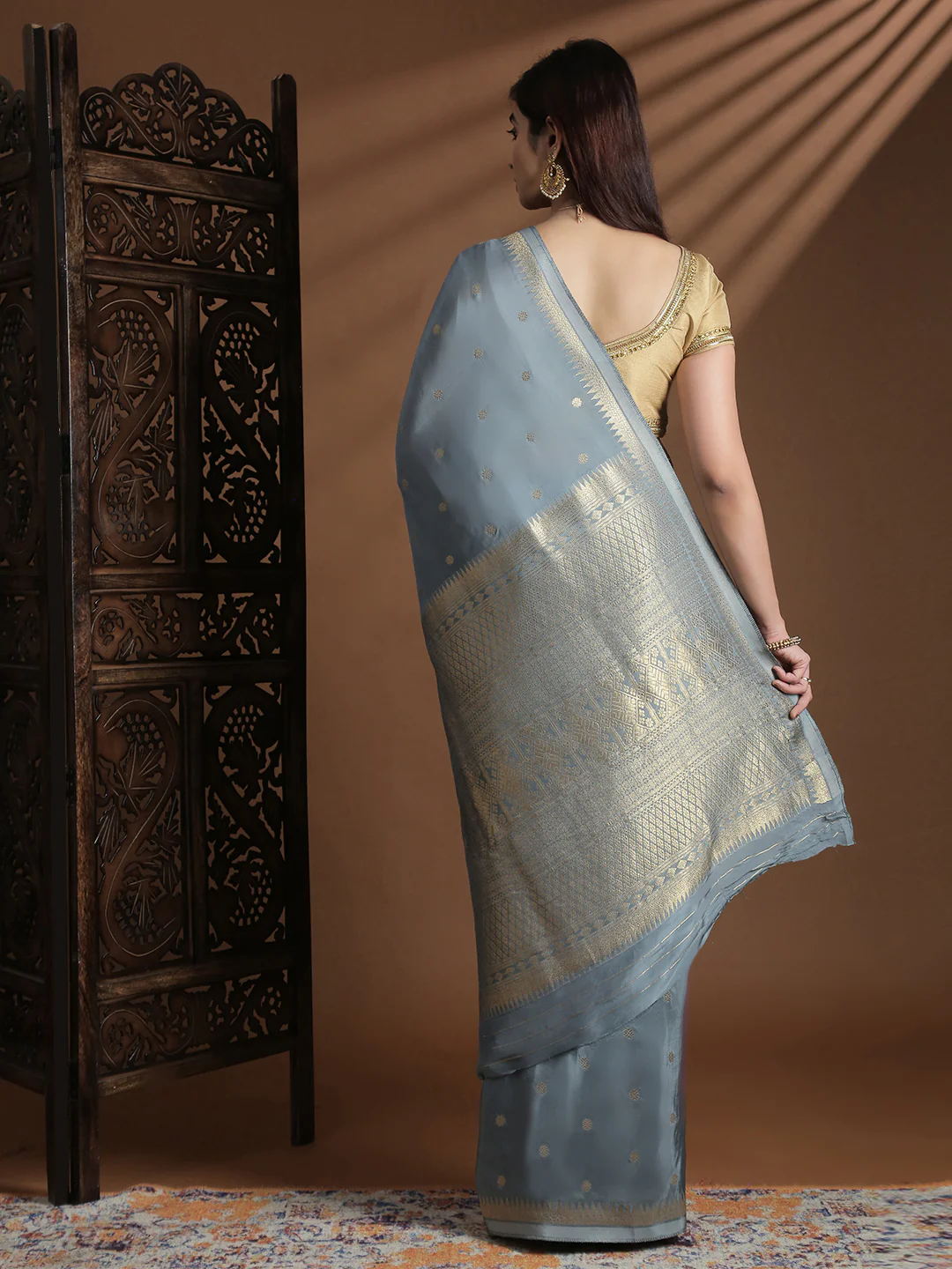 Women Semi Mysore Silk Saree Grey SS402 - Image 3