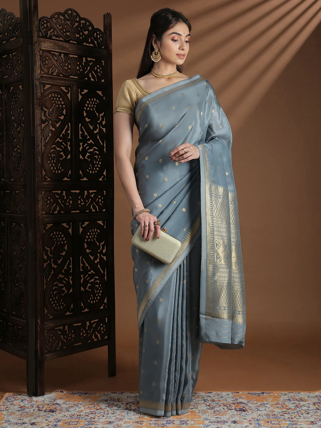 Women Semi Mysore Silk Saree Grey SS402 - Image 4