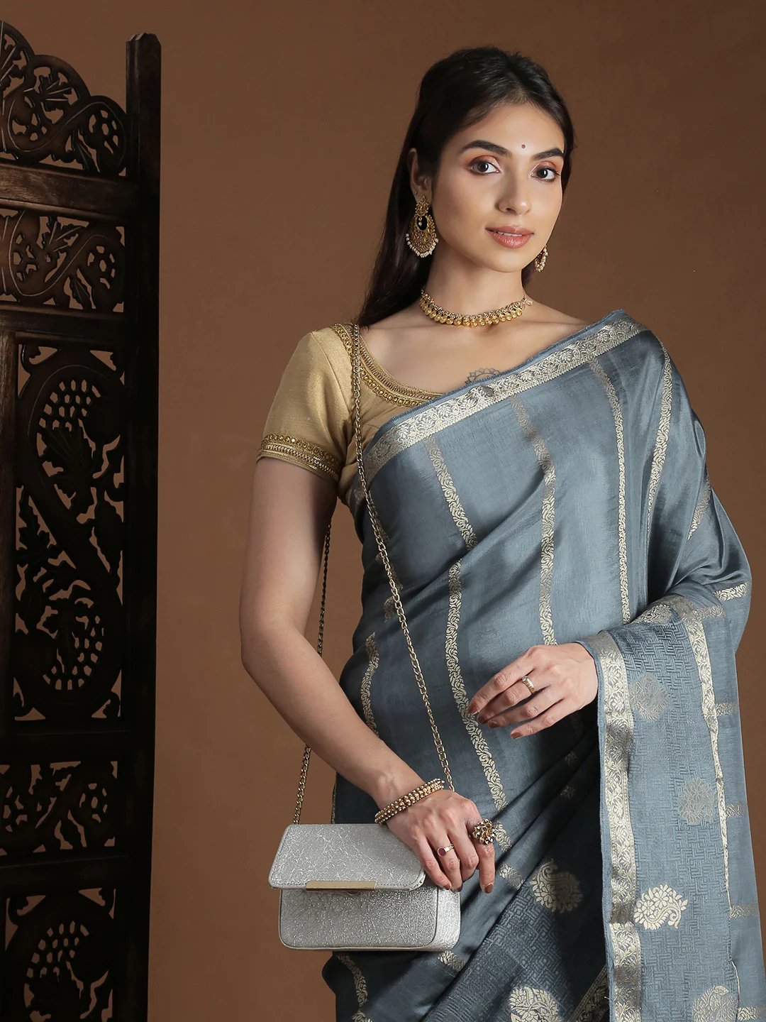 Women Semi Mysore Silk Saree Grey SS406 - Image 2
