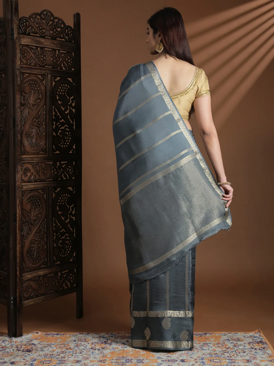 Women Semi Mysore Silk Saree Grey SS406 - Image 3