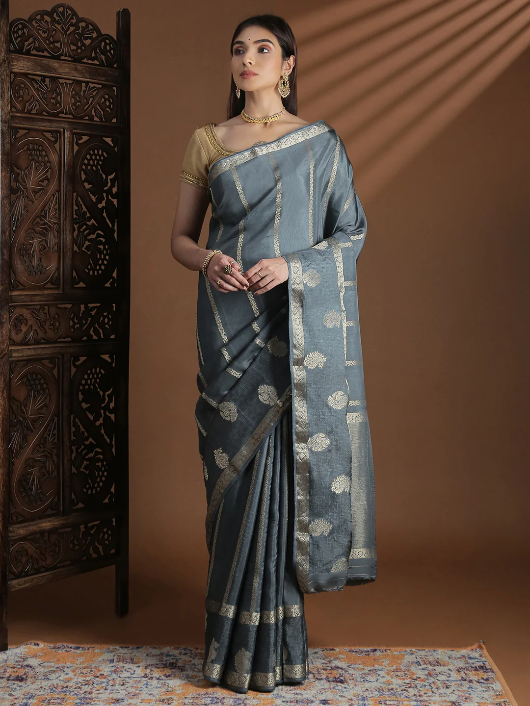 Women Semi Mysore Silk Saree Grey SS406 - Image 4