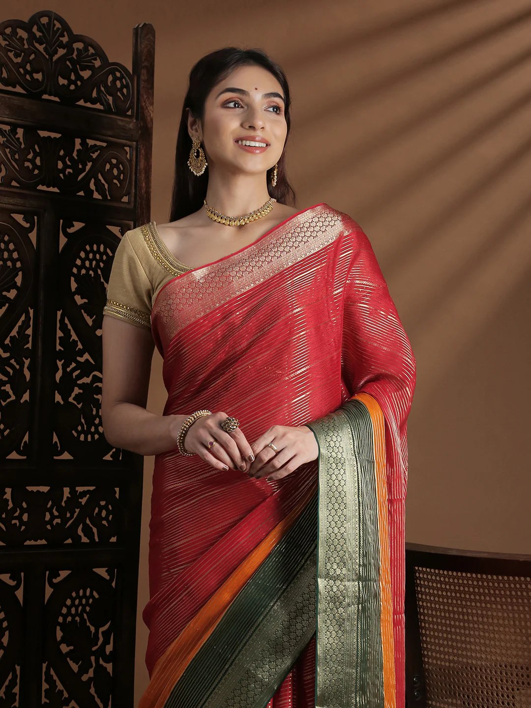 Women Semi Mysore Silk Saree Red with Orange SS396 - Image 2