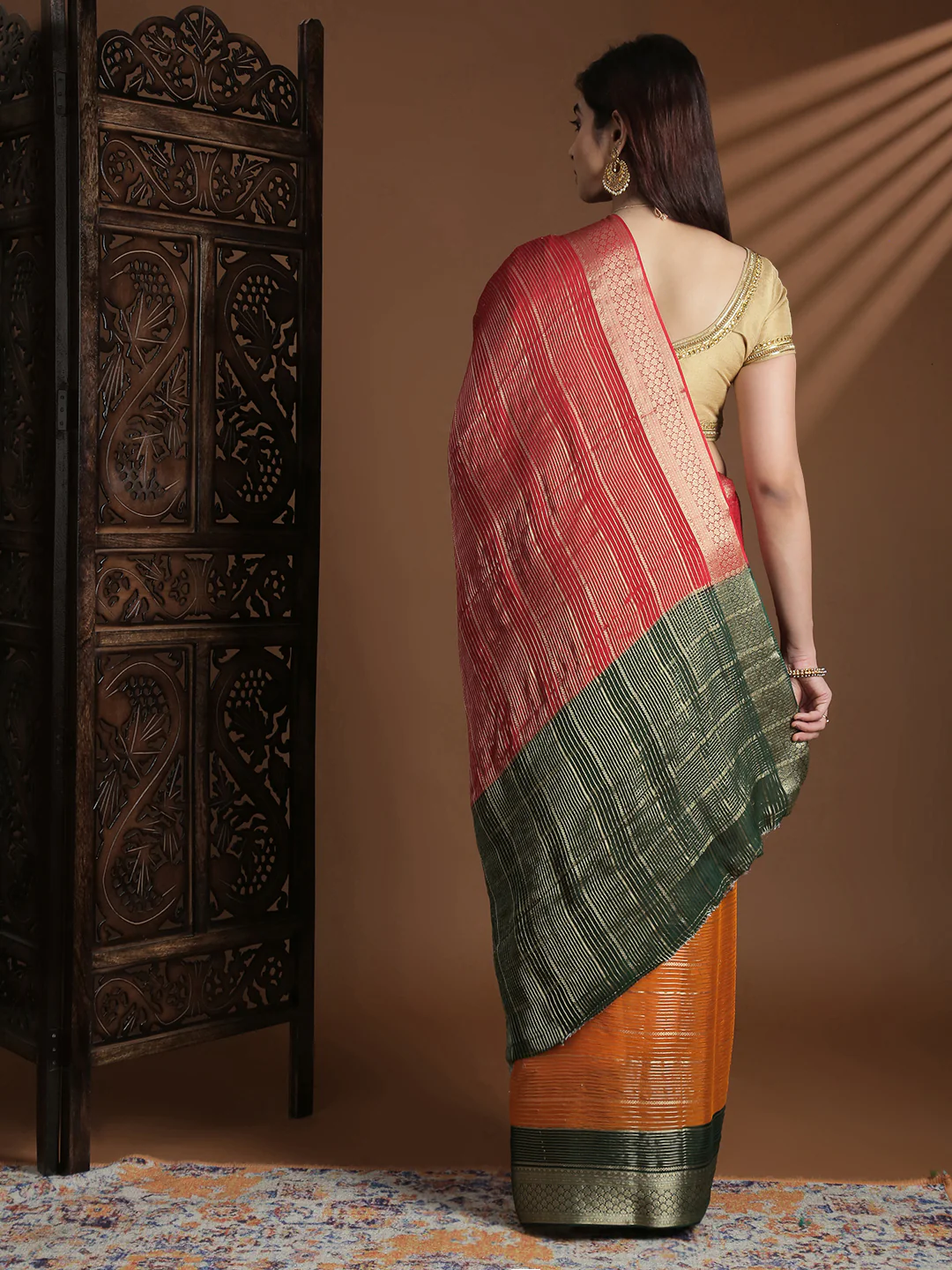 Women Semi Mysore Silk Saree Red with Orange SS396 - Image 3