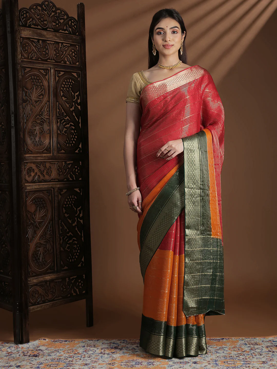 Women Semi Mysore Silk Saree Red with Orange SS396 - Image 4