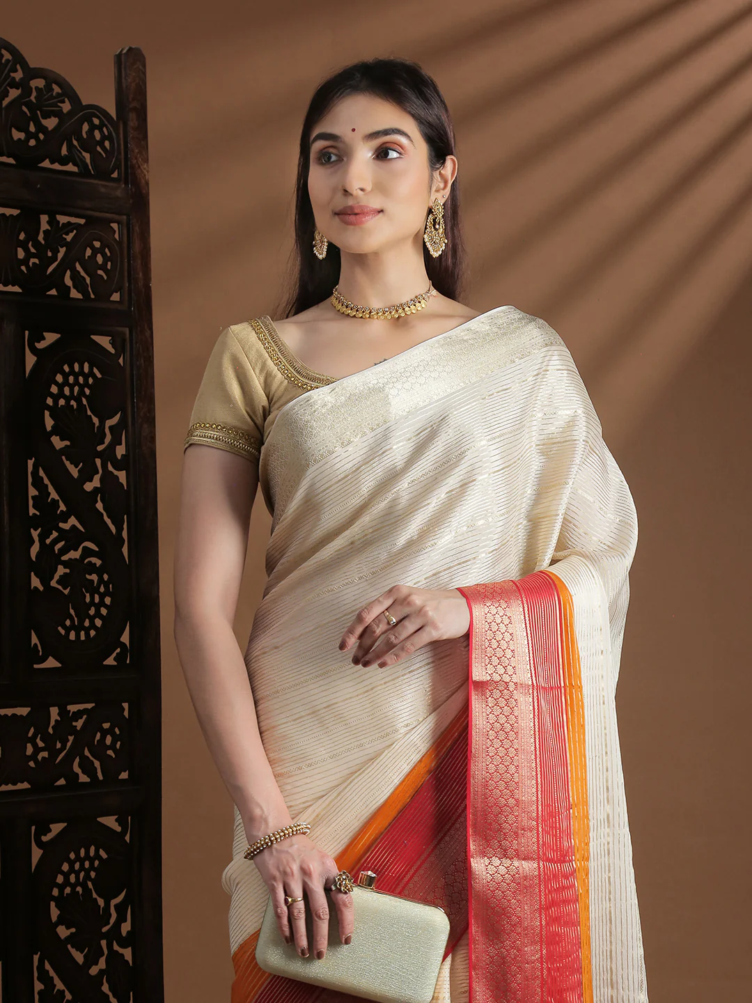 Women Semi Mysore Silk Saree Sandal with Orange SS398 - Image 2