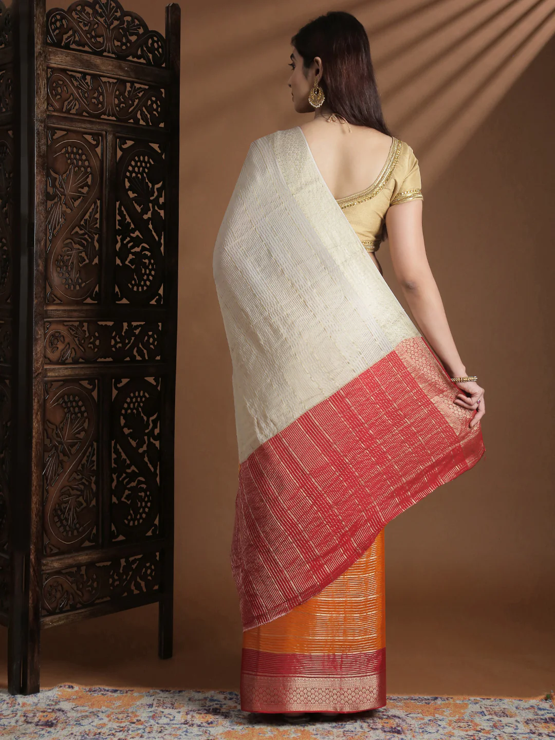 Women Semi Mysore Silk Saree Sandal with Orange SS398 - Image 3