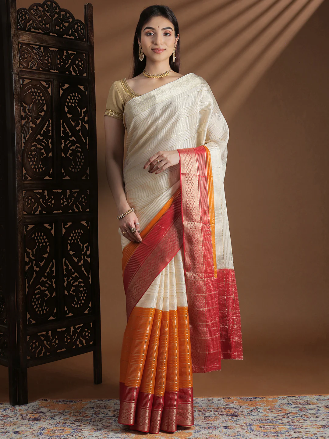 Women Semi Mysore Silk Saree Sandal with Orange SS398 - Image 4
