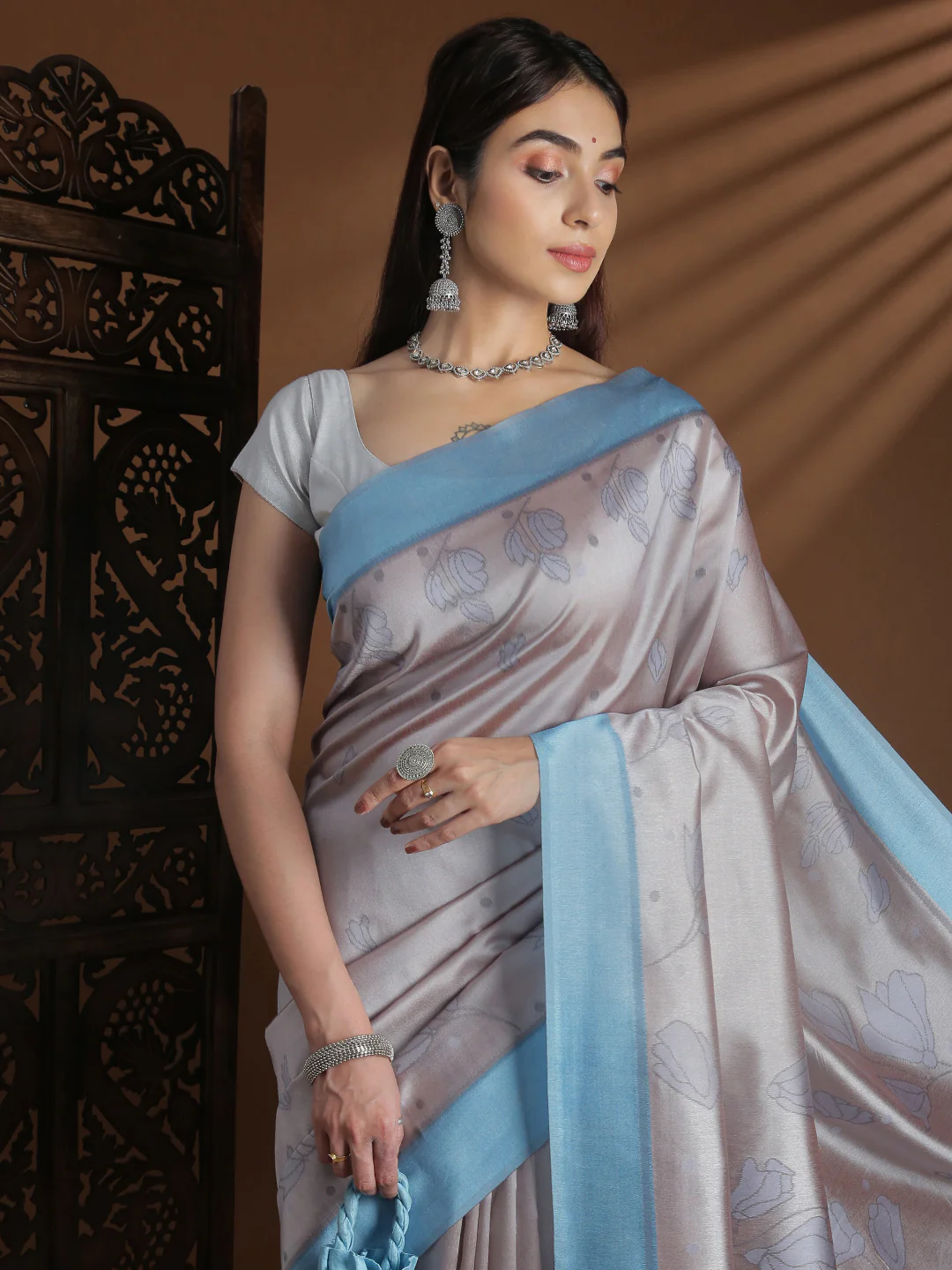 Women Semi Tussar Weaving Grey Saree ST319 - Image 2