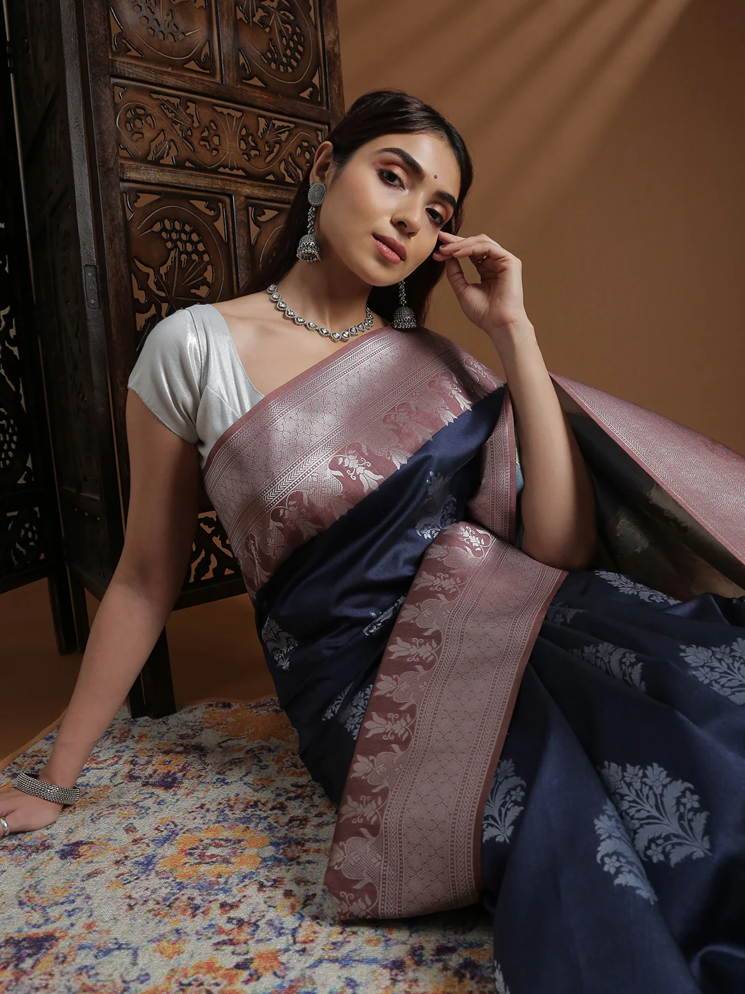 Women Semi Tussar Weaving Navy Saree ST317 - Image 2