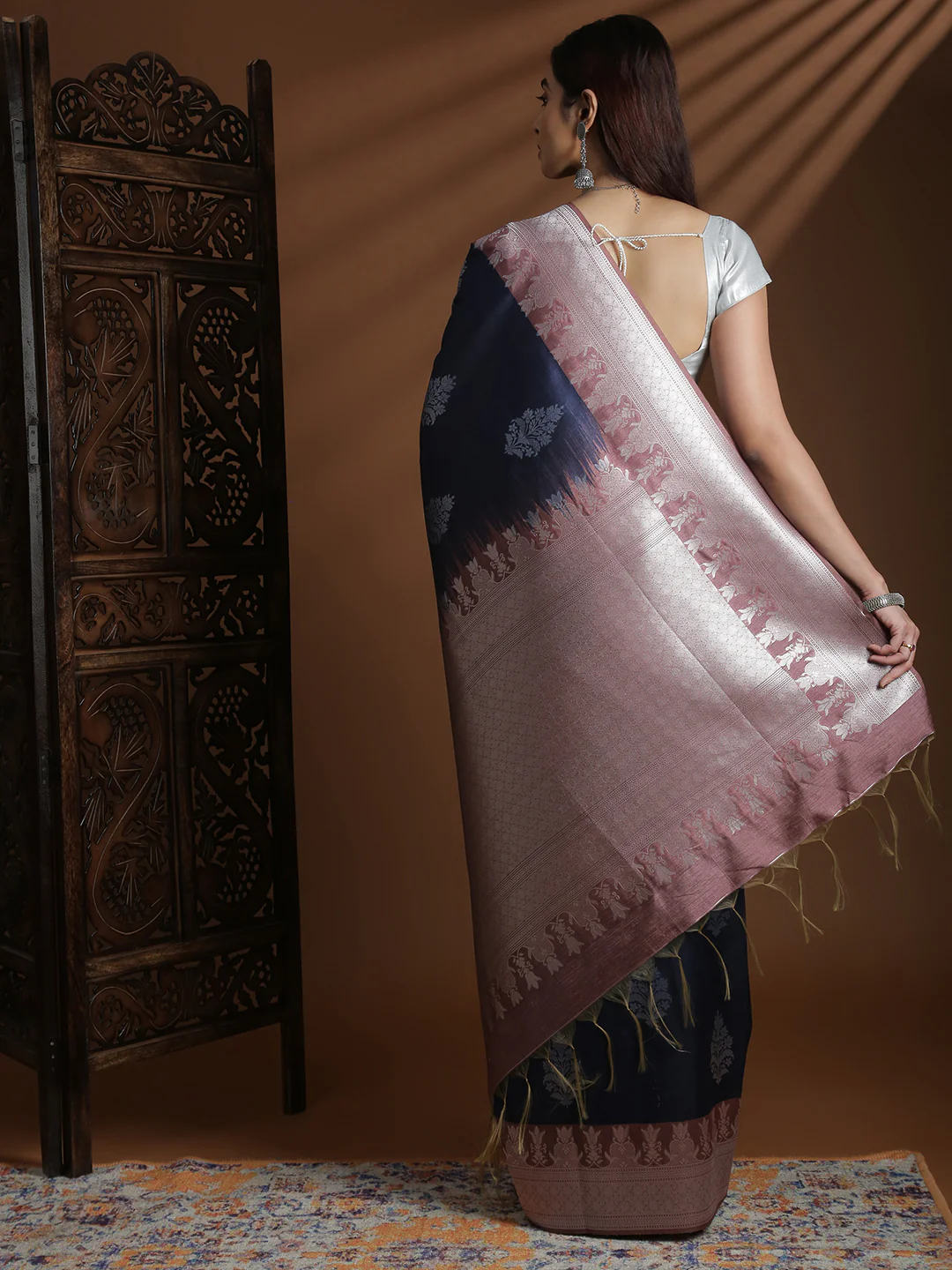 Women Semi Tussar Weaving Navy Saree ST317 - Image 3