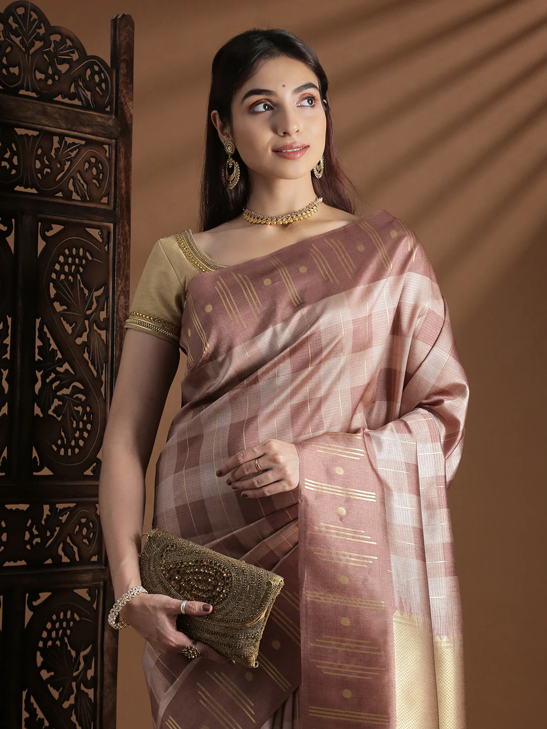 Women Semi Tussar Weaving Brown Saree ST320 - Image 2