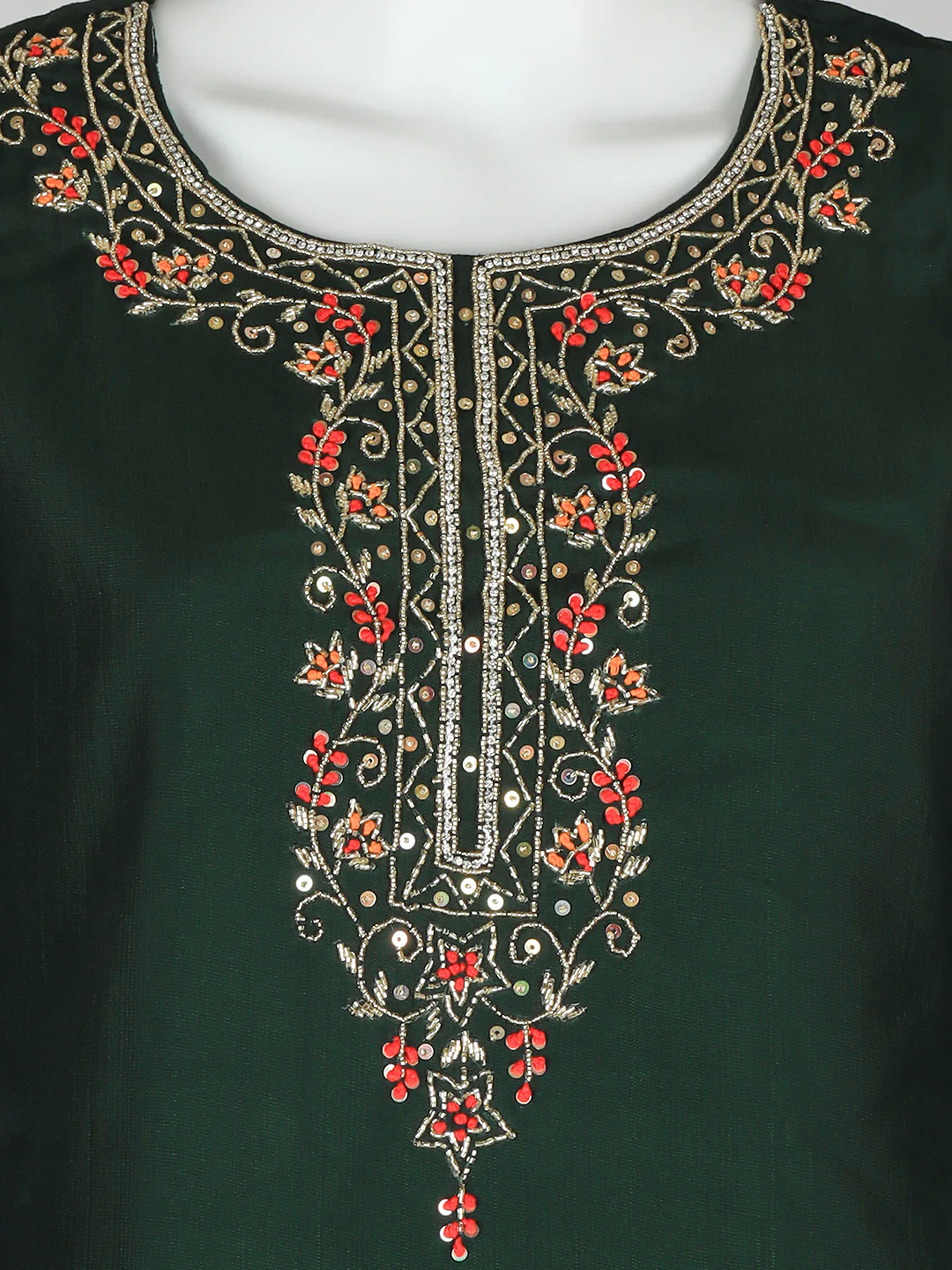 Women Silky Crush Embroidered Kurti Set Dark Green EKS92 - Image 3