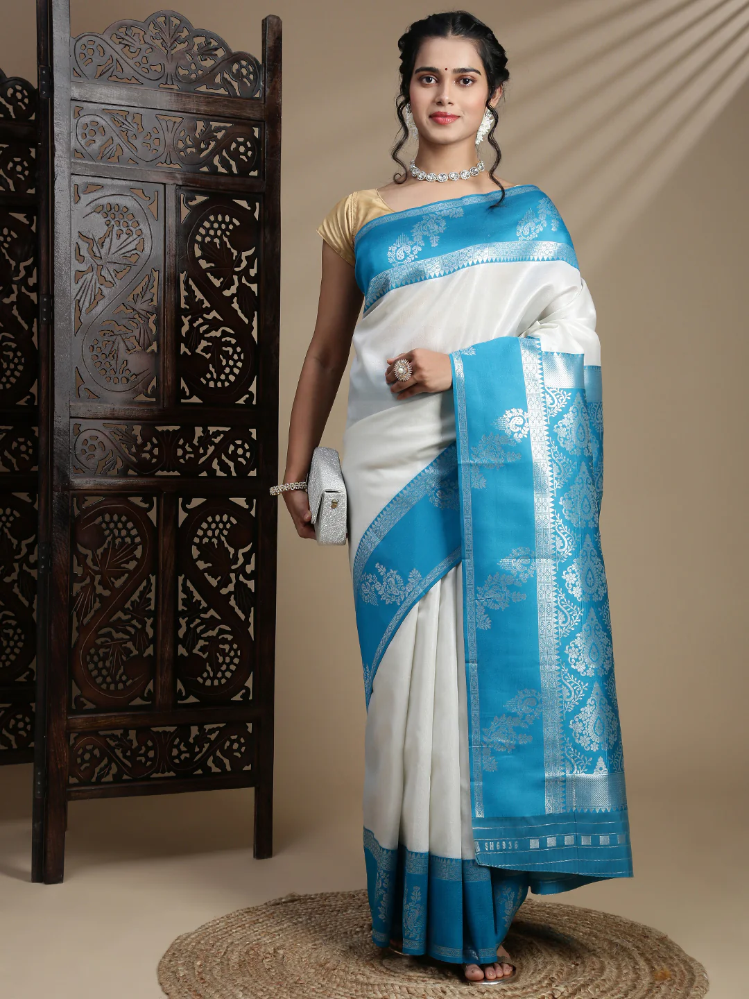 Women Silver Tissue Saree with Blue Border TS55 - Image 2